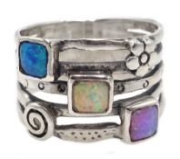 Silver three stone opal ring