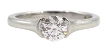 Platinum single stone round brilliant cut diamond, half bezel set ring, hallmarked, diamond 0.51 car