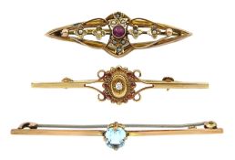 Edwardian gold garnet and seed pearl bar brooch