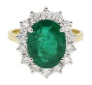 18ct gold oval emerald and diamond cluster ring