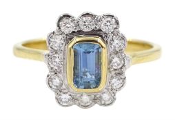 18ct gold emerald cut aquamarine and round brilliant cut diamond cluster ring