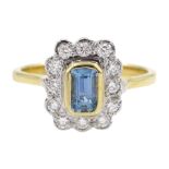 18ct gold emerald cut aquamarine and round brilliant cut diamond cluster ring