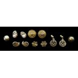 Pair of gold pearl and diamond stud earrings and five other pairs of gold earrings