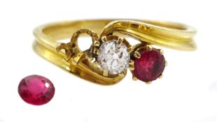 Gold old cut diamond and pink stone ring