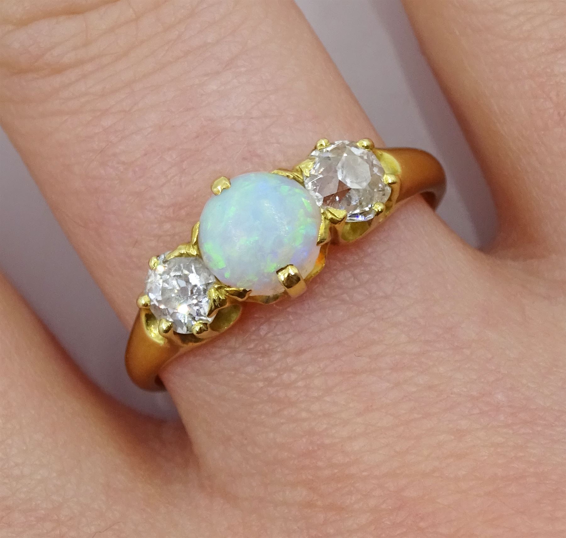 Gold three stone round opal and old cut diamond ring - Image 2 of 4