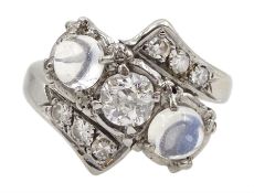 14ct white gold old cut diamond and moonstone crossover ring
