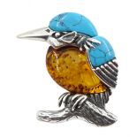 Silver turquoise and amber kingfisher brooch