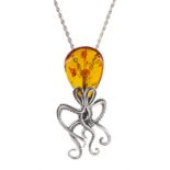 Silver amber octopus pendant necklace