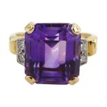 Gold amethyst and four stone diamond ring, stamped 14K