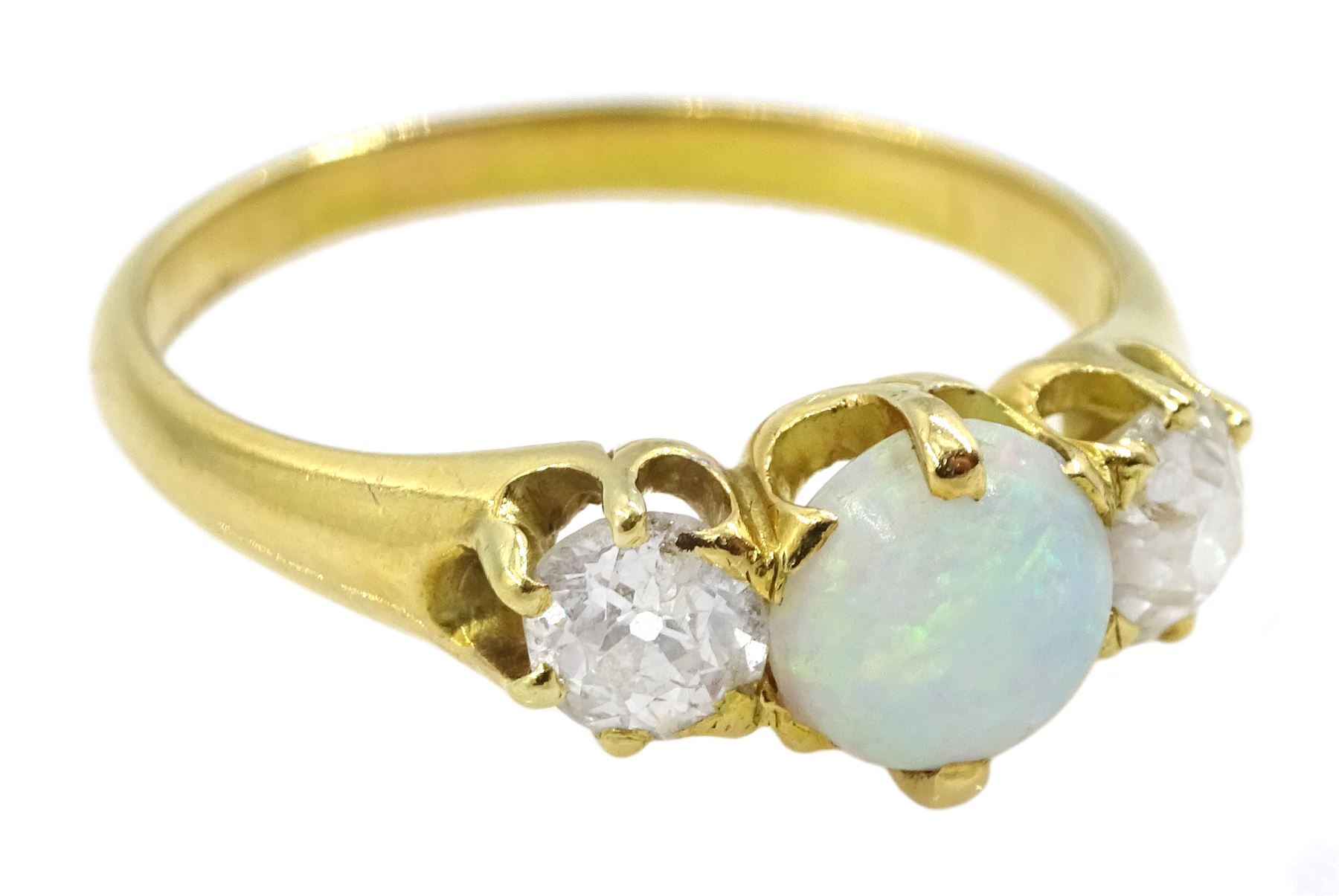 Gold three stone round opal and old cut diamond ring - Image 3 of 4
