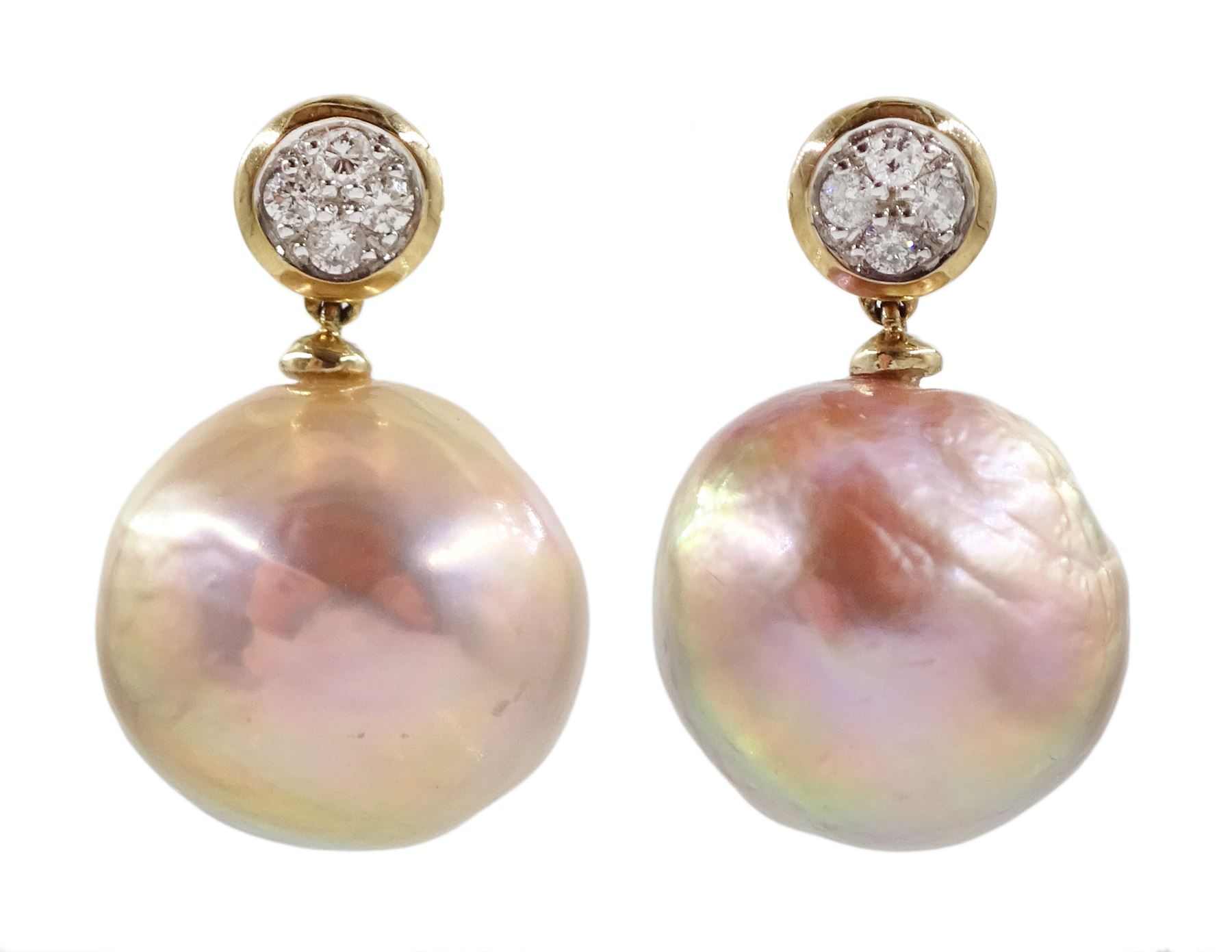 Pair of 9ct white gold diamond and pink/peach pearl pendant earrings