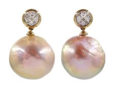 Pair of 9ct white gold diamond and pink/peach pearl pendant earrings