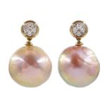 Pair of 9ct white gold diamond and pink/peach pearl pendant earrings