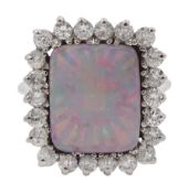 14ct white gold rectangular opal and round brilliant cut diamond cluster ring