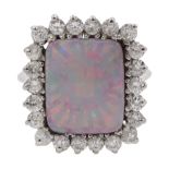 14ct white gold rectangular opal and round brilliant cut diamond cluster ring