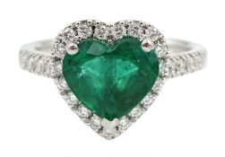 Platinum heart shaped Zambian emerald and diamond cluster ring