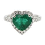 Platinum heart shaped Zambian emerald and diamond cluster ring