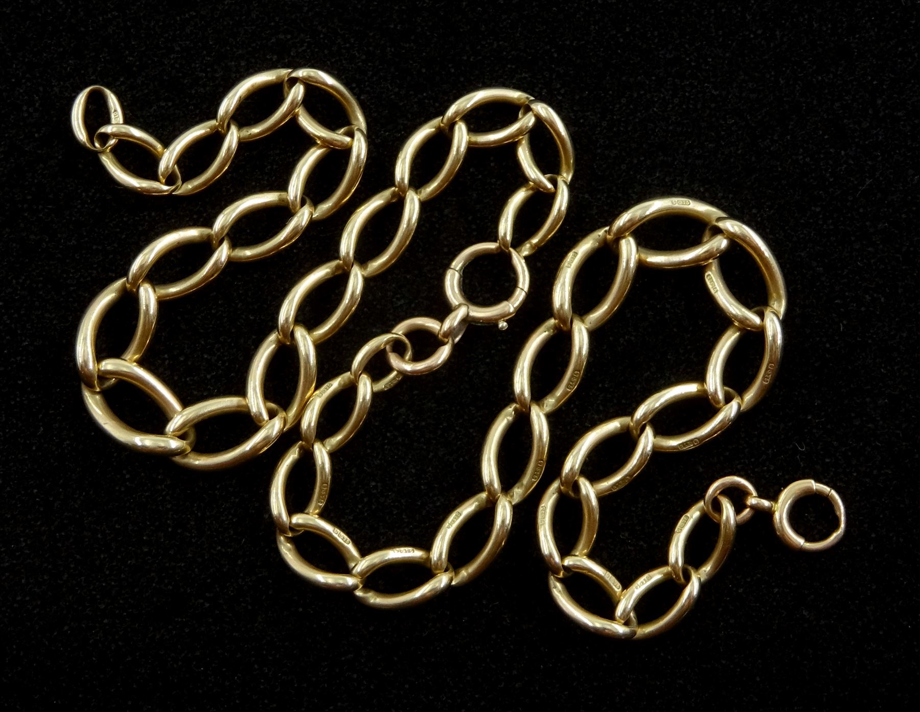 Early 20th century 9ct gold tapering curb link chain with two spring clips