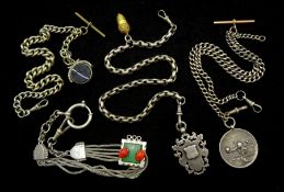 Four Victorian and later silver watch chains with fobs including 9ct gold T bar