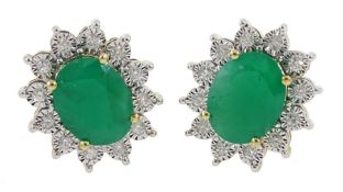 Pair of 9ct gold oval emerald and diamond cluster stud earring