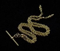 9ct gold Albert T bar watch chain/necklace with rope twist links and two clips