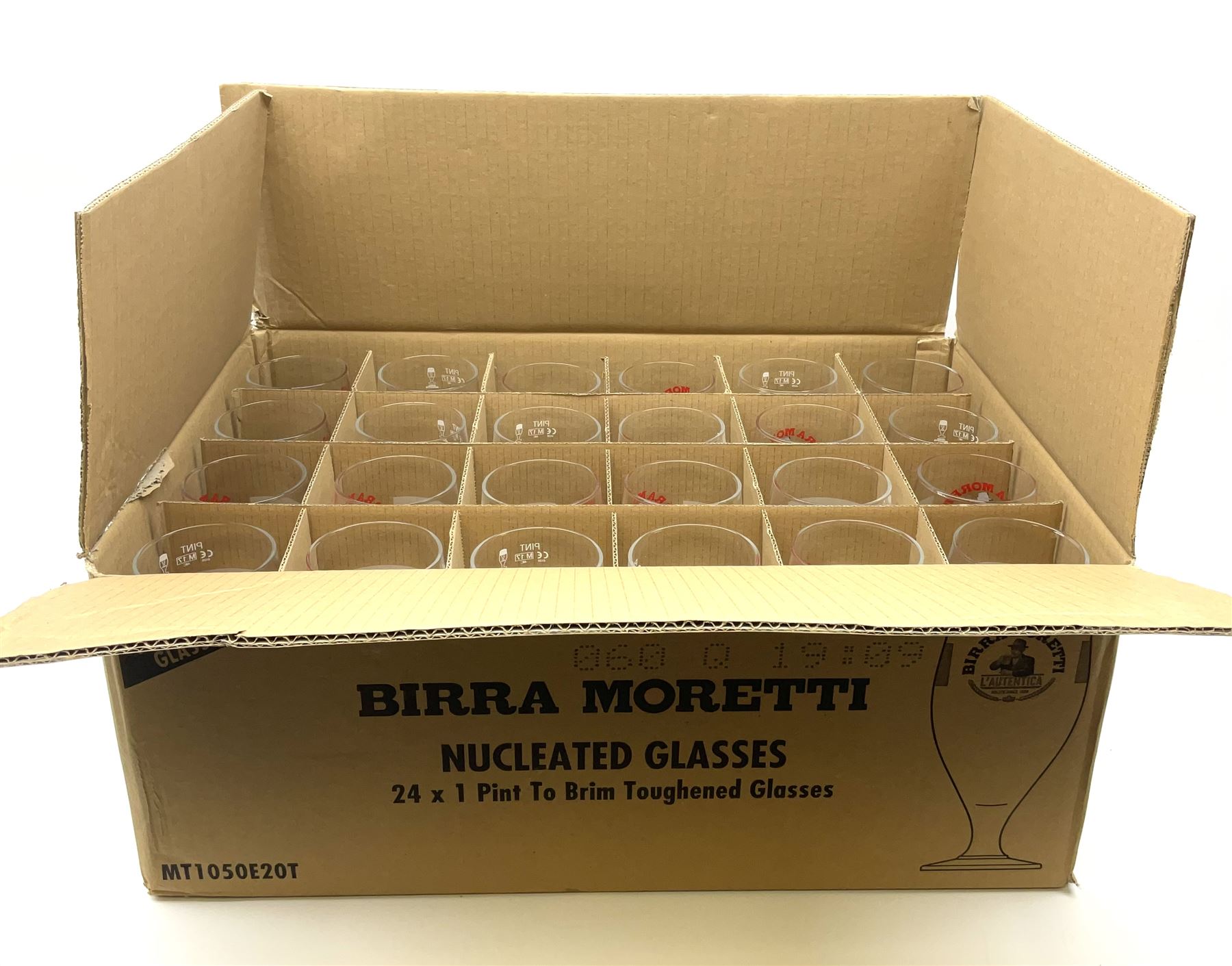 Set of 24 Birra Moretti pint glasses in original box