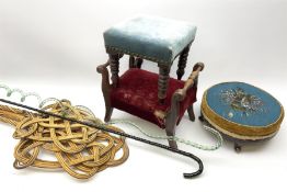 Victorian beadwork footstool with two other wooden upholstered footstools