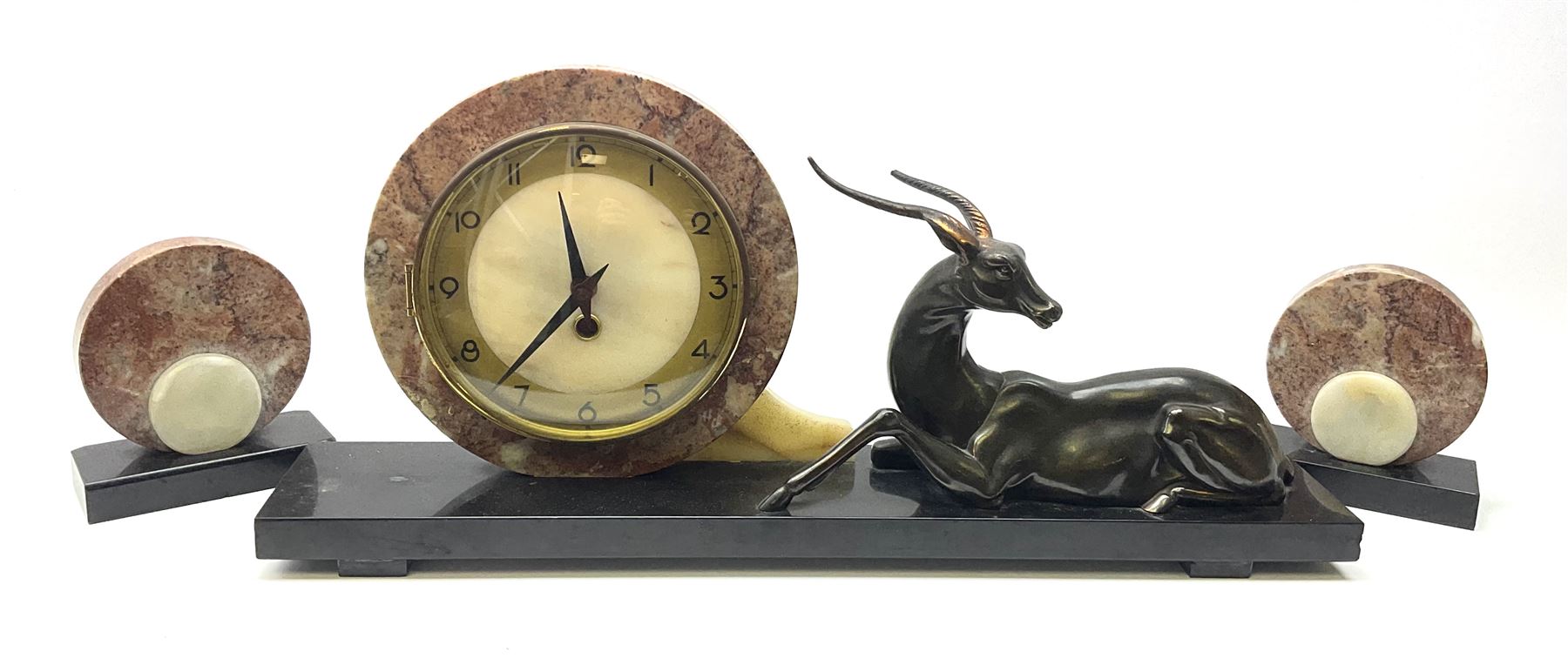 Art Deco style marble and anodised spelter three-piece clock garniture