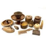 Collection of treen items including walnut jar