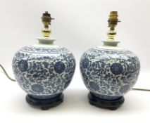 A pair of blue and white table lamps