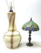 Tiffany style table lamp with leaded glass shade decorated and bronzed art nouveau style base with d