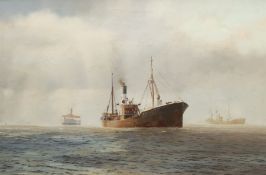 David C Bell (British 1950-): Hull Trawler 'Kingston Ruby H477' and other Shipping on the Humber