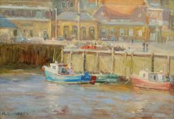 Michelle Saunders (British 1963-): Whitby Upper Harbour looking towards the Railway Station