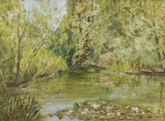 English School (20th century): 'The Green Pool Water Lillies'