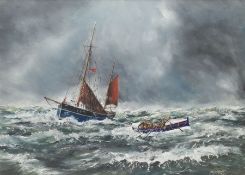 Robert Sheader (British 20th century): Scarborough Lifeboat Rescuing a Lowestoft Herring Drifter