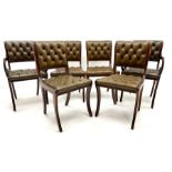 Set six (4+2) Georgian style dining chairs upholstered in deep buttoned dark green leather