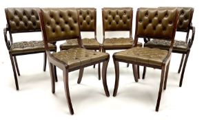 Set six (4+2) Georgian style dining chairs upholstered in deep buttoned dark green leather