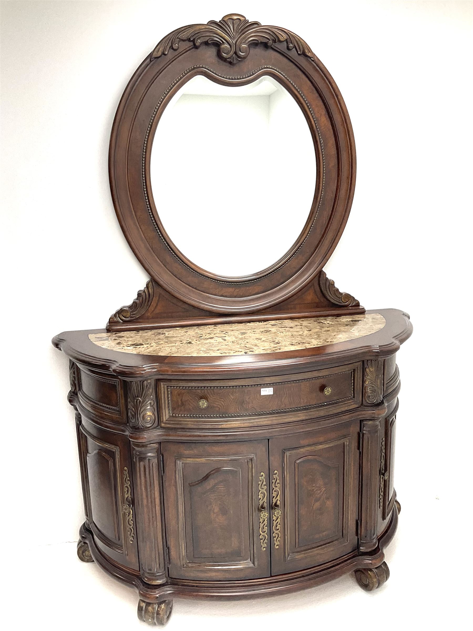 Kevin Charles American walnut demi lune shaped mirror back side cabinet with inset marble top - Image 2 of 7