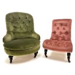 Victorian nursing chair upholstered in buttoned green fabric on turned supports (W70cm) and a Victor