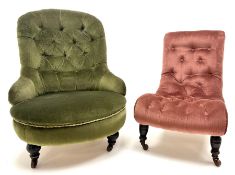 Victorian nursing chair upholstered in buttoned green fabric on turned supports (W70cm) and a Victor