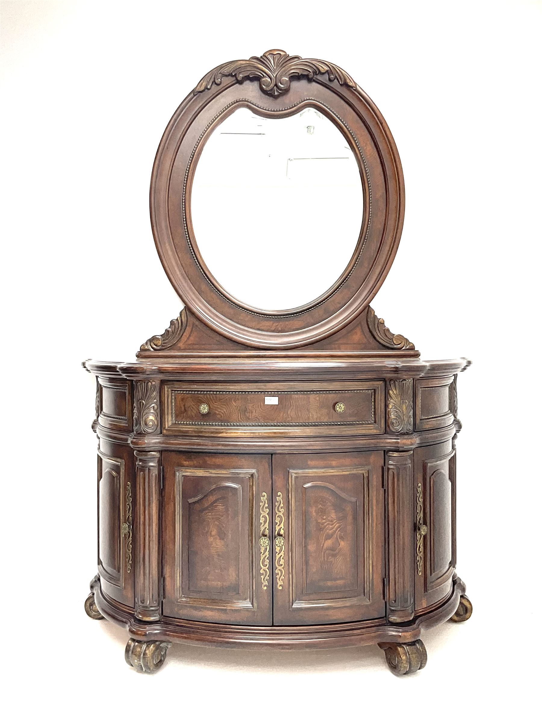 Kevin Charles American walnut demi lune shaped mirror back side cabinet with inset marble top