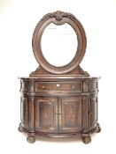 Kevin Charles American walnut demi lune shaped mirror back side cabinet with inset marble top