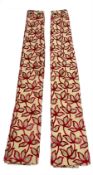 Pair lined gold ground curtains with red floral detailing with matching pole (L255cm