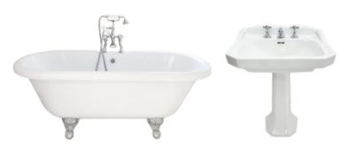 Roll top bath on ball and claw feet with chrome mixer tap and shower head attachment (W76cm