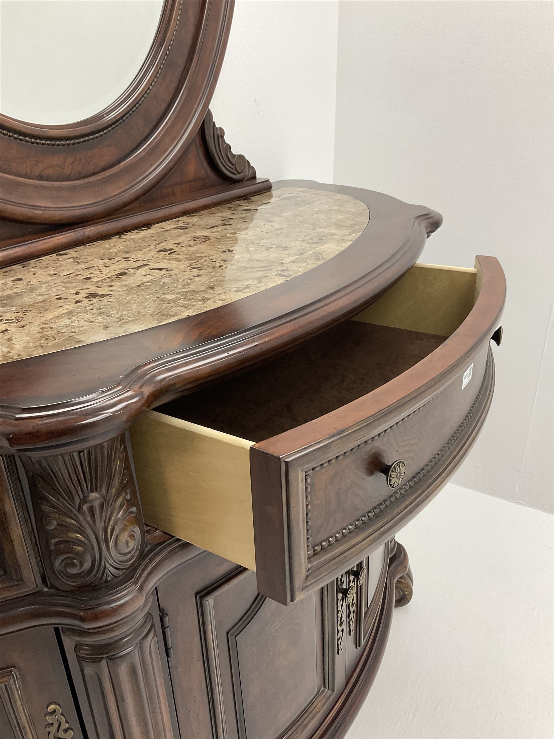 Kevin Charles American walnut demi lune shaped mirror back side cabinet with inset marble top - Image 4 of 7