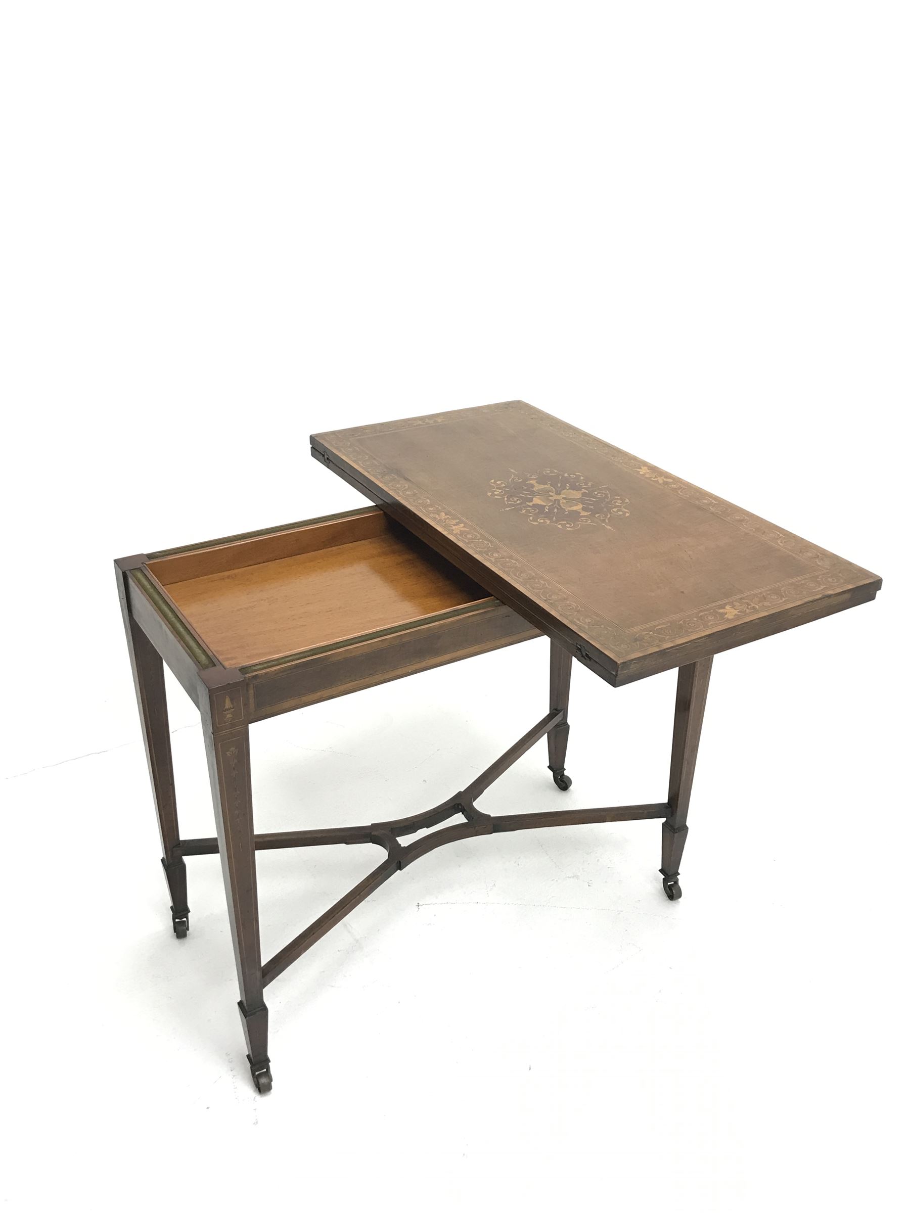 Edwardian walnut and mahogany Sheraton revival card table - Image 4 of 5