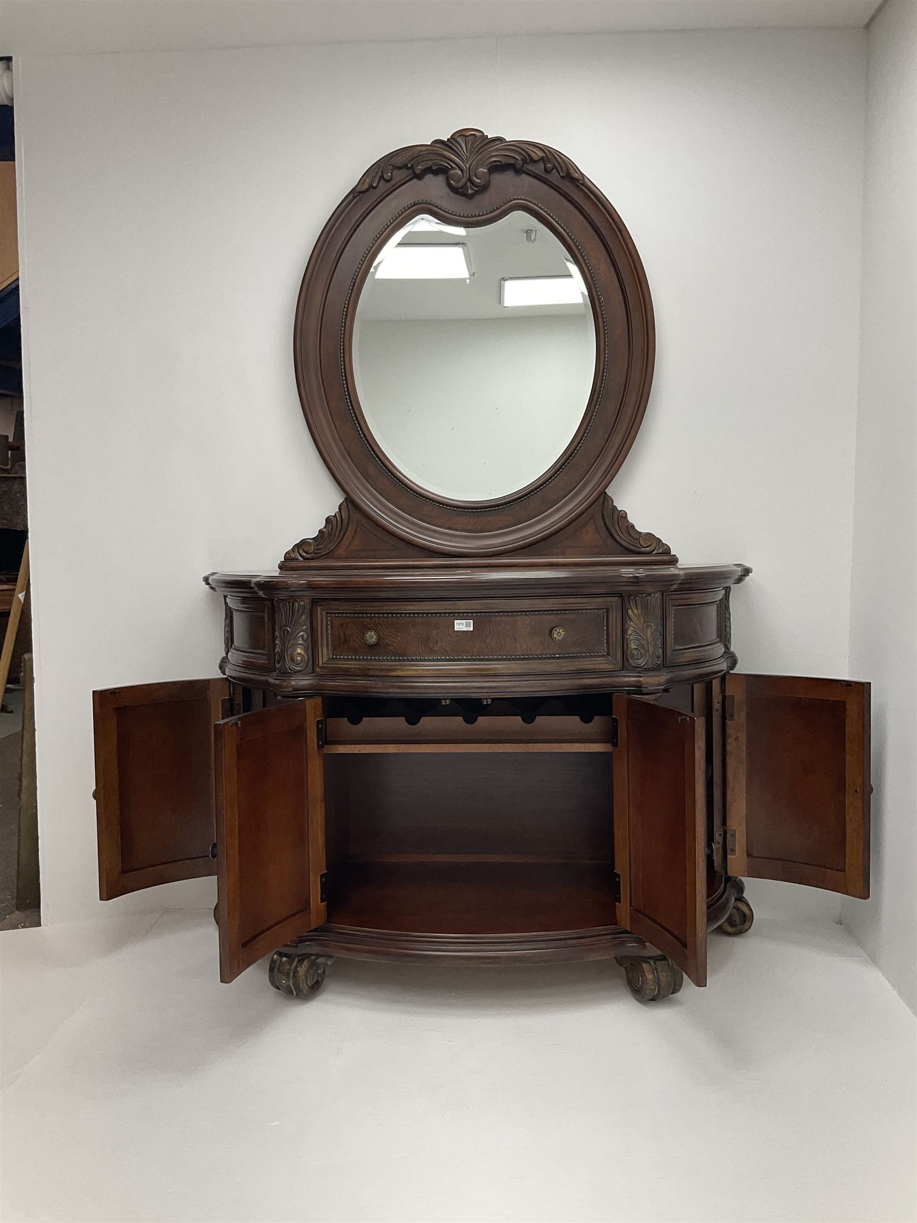 Kevin Charles American walnut demi lune shaped mirror back side cabinet with inset marble top - Image 7 of 7