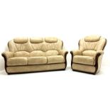 Three seat sofa upholstered in a cream leather (W178cm) and matching armchair (W85cm)