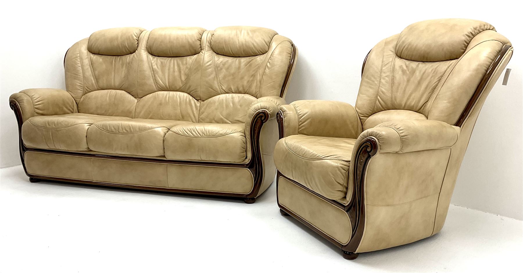 Three seat sofa upholstered in a cream leather (W178cm) and matching armchair (W85cm) - Image 3 of 3