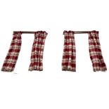 Two pairs of red and beige checkered line curtains along with curtain pole (W130cm